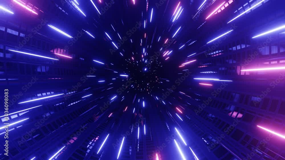 Poster data flow in tube channel. fly through hi-tech futuristic environment or neon tunnel, complex sci-fi