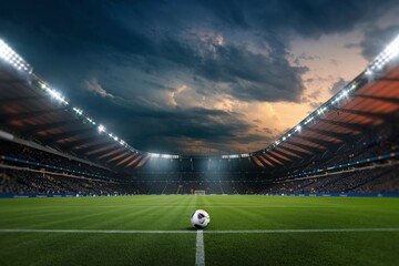 The Final Whistle: A solitary soccer ball rests at the center of a vast, empty stadium bathed in the glow of stadium lights, under a dramatic, stormy sky.