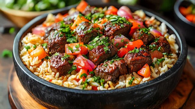 A traditional Saudi Arabian dish of beef kabsa served with flavorful rice, garnished with herbs and cherry tomatoes in a rustic clay bowl