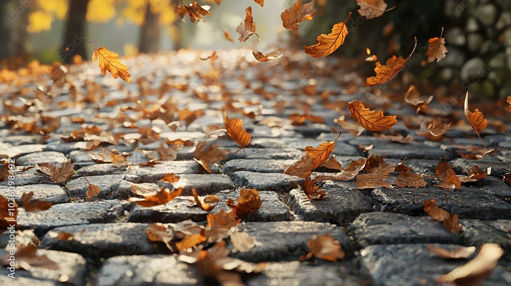 Poster a group of leaves float through the sky above a cobblestone street as trees and shrubs surround them
