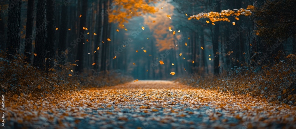Poster a pathway through a forest with fallen leaves in autumn.