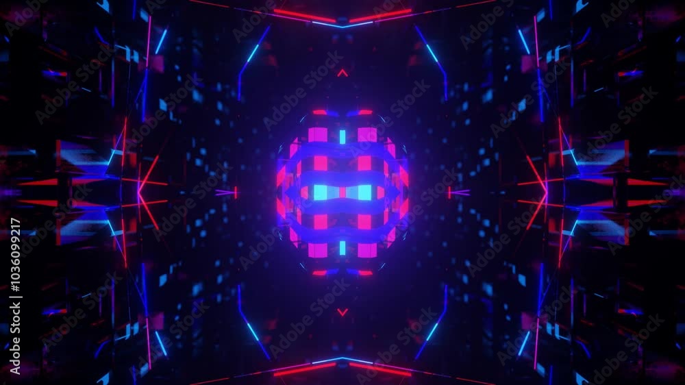 Poster symmetrical 3d object or structure rotates and moves inside glass mirror tunnel with neon light, bri