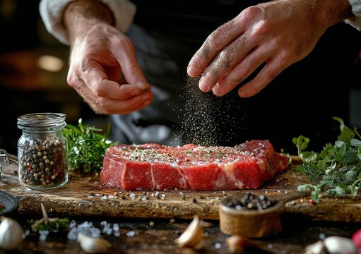 Cooking preparation with fresh steak and herbs in a rustic kitchen setting