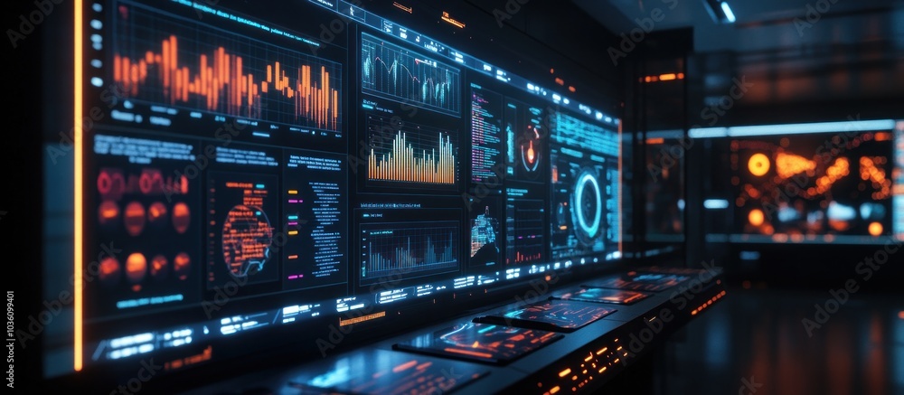 Aufkleber futuristic control room with a wall of glowing screens displaying data and charts.