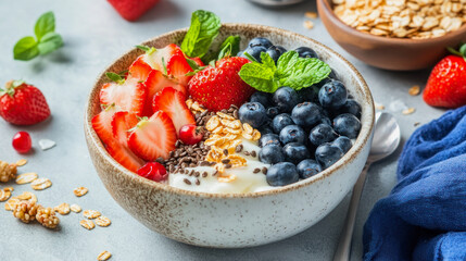 Colorful breakfast bowl filled with yogurt, fresh berries, and granola, ideal for a nutritious morning meal at home