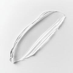 Clear transparent cleanser gel swatch on a white background. Hydrating serum or lightweight facial gel texture.