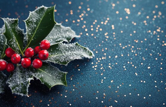 Frosted holly leaves with red berries placed on a shimmering blue background during winter