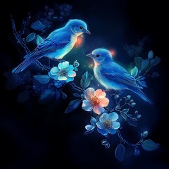 Stunning blue birds resting on illuminated floral branch photos