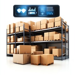 A modern warehouse with stacked boxes and a digital display showing analytics and inventory data.