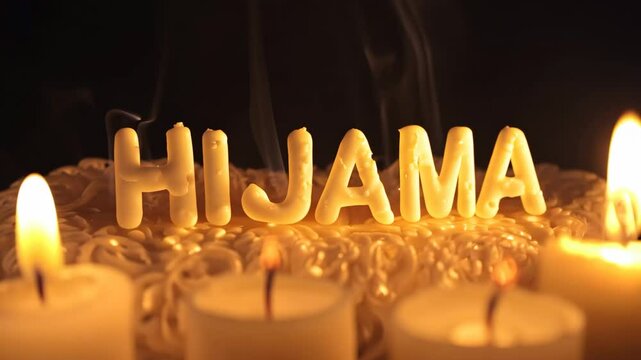 A close up of candles with the word Hijama written in cursive letters. The candles are lit and the letters are in different sizes. Scene is warm and inviting