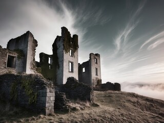 Obraz premium Mysterious Ruins of an Abandoned Castle on a Windswept Hilltop.