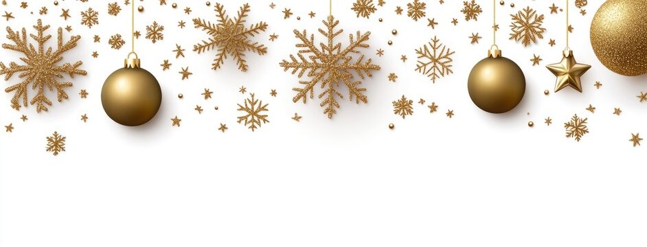 Delicate gold snowflakes form a seamless border on a white backdrop, perfect for a Christmas or New Year greeting card, providing space for customizable messages.