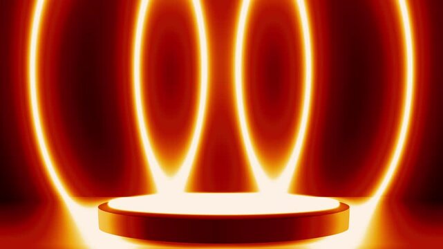 On a dark background there is a brown podium with a yellow luminous platform, behind it is a orange lines with neon illumination. Animated minimalist pedestal to advertise your products.