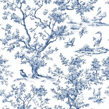 Elegant French Toile Pattern Featuring Pastoral Scenes Ideal for Home Decor and Fashion Design Projects