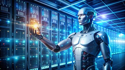 Robot is holding a glowing orb of data, representing the power and potential of artificial intelligence in a server room