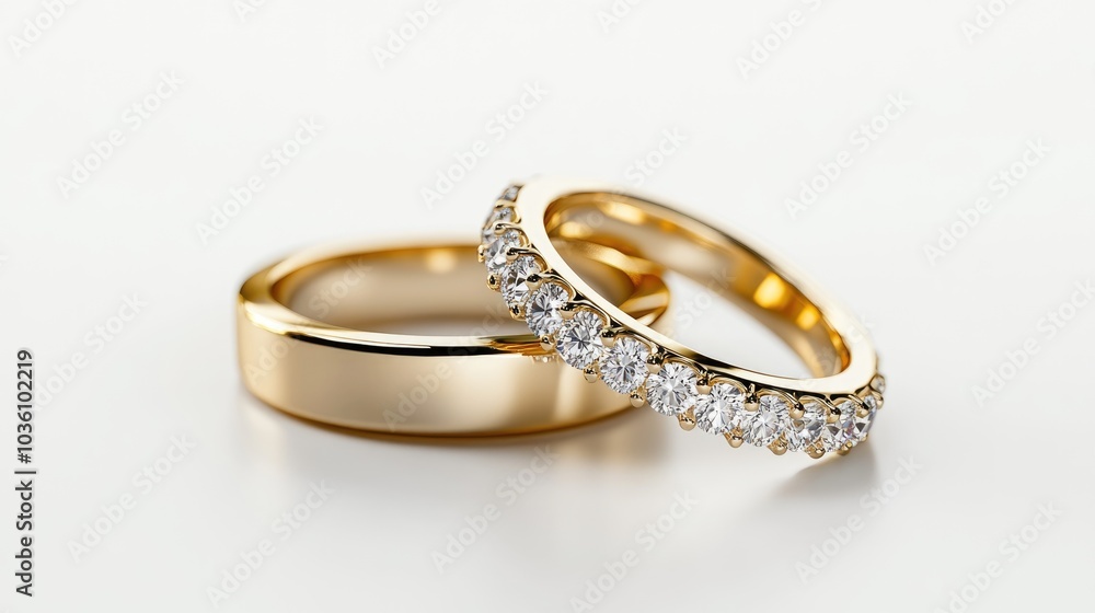 Wall mural elegant gold wedding or engagement rings featuring diamonds on a white background in close up view