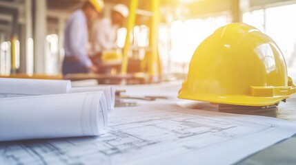 A detailed view of a construction project manager reviewing project timelines and progress reports with architects and engineers at a construction site office, Project review scene