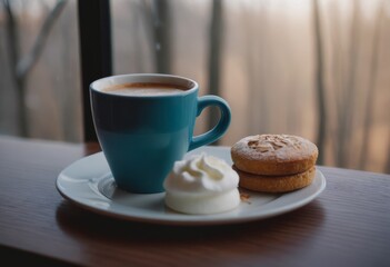 Cup of coffee and biscuit with cream on the wooden table.