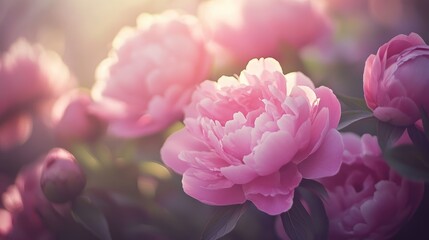 Close up of pink peonies with a soft focus and a dark toned film effect