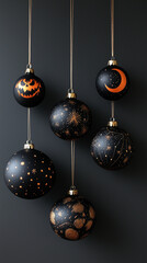Black holiday ornaments with orange and golden mystical designs hanging against a dark background