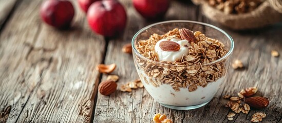 Fototapeta premium Granola Cereal With Nuts And Yogurt On A Old Wooden Table