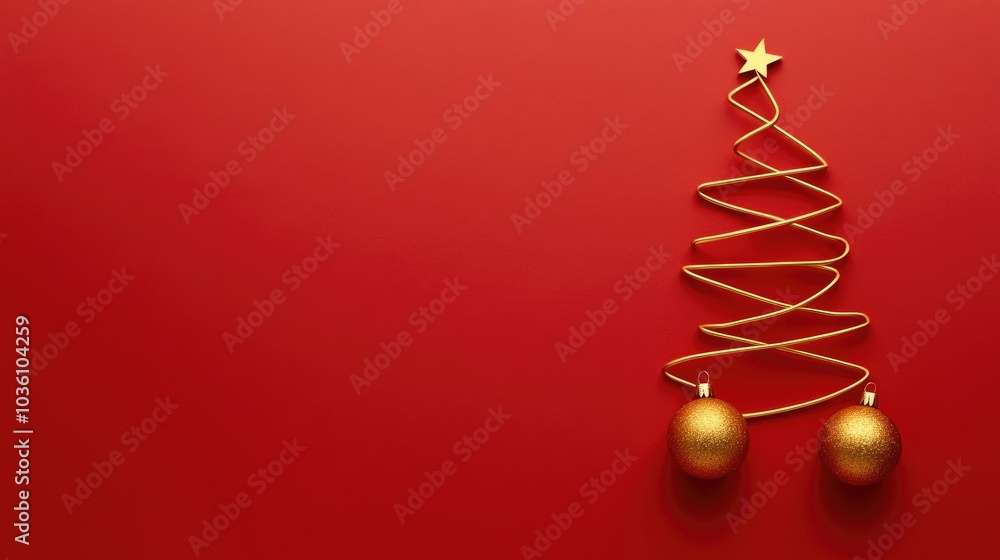 Poster minimalist christmas tree design on red background with space for text featuring two golden ornament