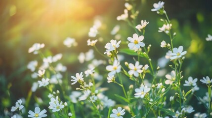 Soft focused summer meadow featuring blooming small white flowers against a dark green spring backdrop Concept of alternative medicine and natural philosophy Ample copy space with a blurred backgr