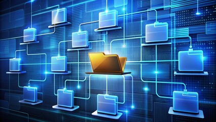 Laptop connecting folders in cyberspace network, data storage and management concept