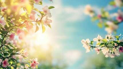 Charming blurred background featuring blossoming trees against a sunny sky showcasing vibrant greenery and clear blue skies