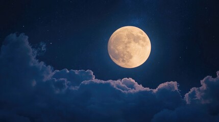 Fototapeta premium Stunning full moon surrounded by clouds in a starry night sky