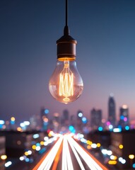 Illuminated Light Bulb with City Lights in Background.