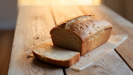 Freshly Baked Bread on Rustic Table at Sunrise.
