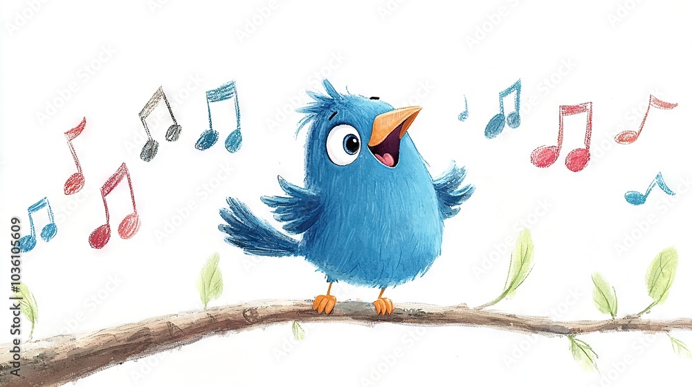 Poster blue bird on a branch with notes in the trees