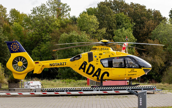 Air Rescue Airbus Helicopter EC-135 helicopter from ADAC Luftrettung on standby at Klinikum Saarbr&uuml;cken hospital. Saarbr&uuml;cken, Germany - Oct 13, 2024