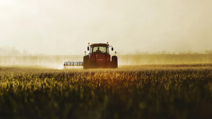 Obraz premium A tractor is spraying pesticides on a field of soybeans in the springtime.
