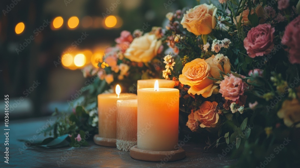 Poster candles are arranged on a table alongside flowers featuring handmade candles and a banner with ample