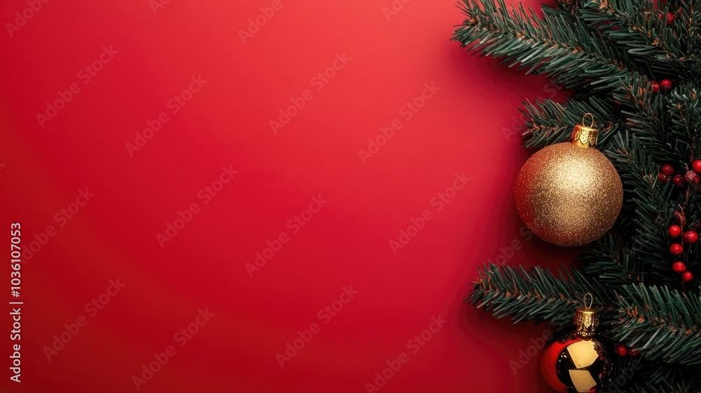 Poster minimalist christmas tree design on red background with space for text featuring two golden ornament