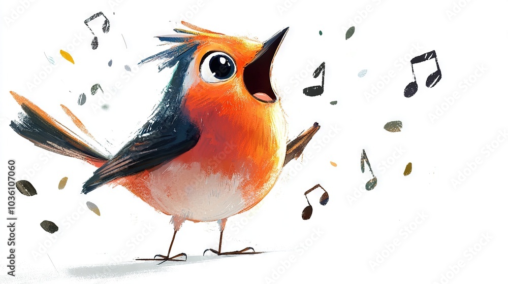 Poster a bird with musical notes emerging from its beak and multiple beaks protruding from the same beak