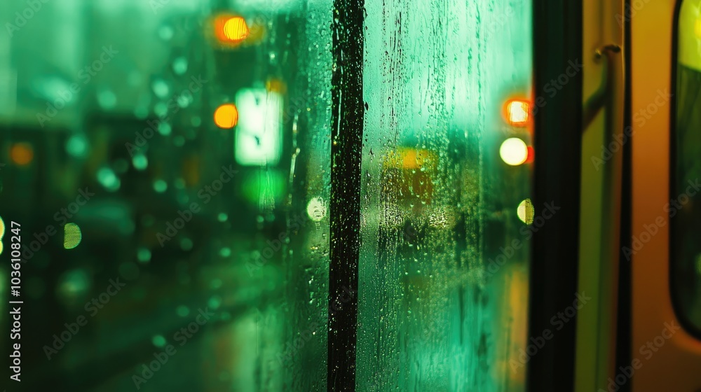 Poster wet glass on a bus window featuring a blurred green backdrop creating an abstract visual of steam an