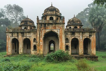 Fototapeta premium An old, weathered building with multiple domes and arches, surrounded by lush greenery.