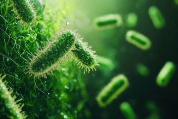 Fototapeta premium Microscopic view of green bacteria thriving among algae in a water sample under bright lighting