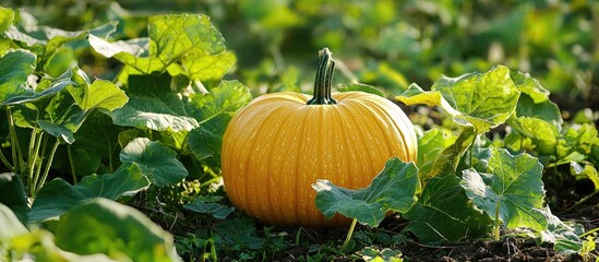 Obraz premium Large Ripe Orange Pumpkin In Green Leaves Pumpkin Plant In The Garden In Bright Sunlight Pumpkin Close Up