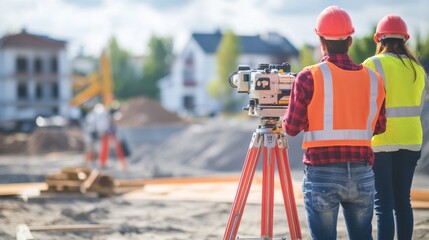 A detailed view of a team of surveyors using advanced equipment to map out a construction site with precision, Surveying team scene, Technical survey style