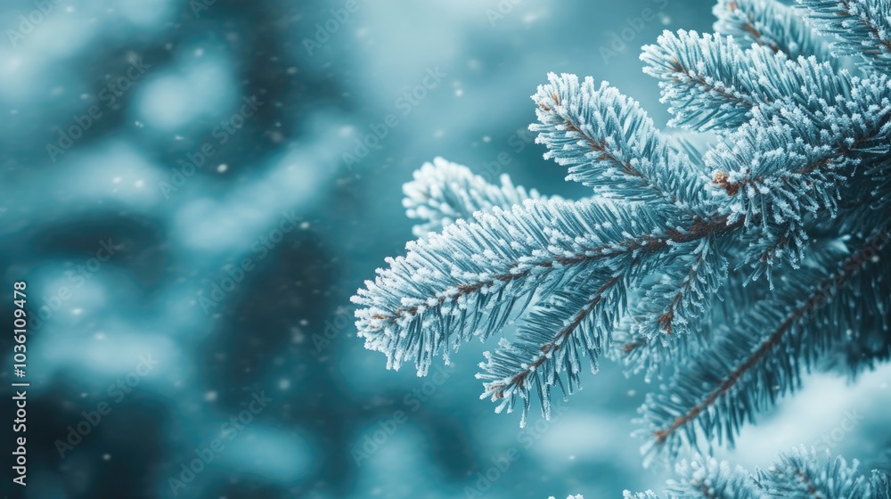 Poster frosted evergreen tree backdrop with icy blue spruce branches in focus snow covered fir tree branch 