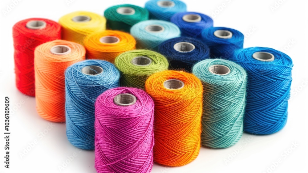 Poster set of multi colored sewing threads in coils isolate on a white background
