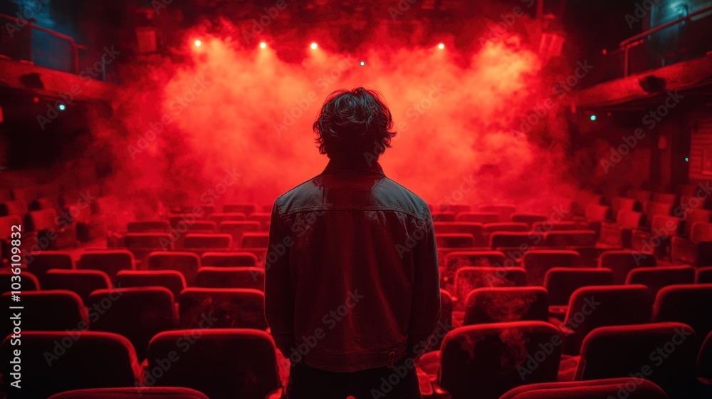 Poster a lone individual faces a row of empty red-seated chairs in a theater filled with red fog, distinctl