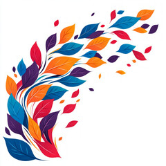 Abstract colorful leaves swirl on a white background.