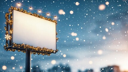 Blank Christmas billboard with festive lights and snowflakes, snowy cityscape background for holiday advertising