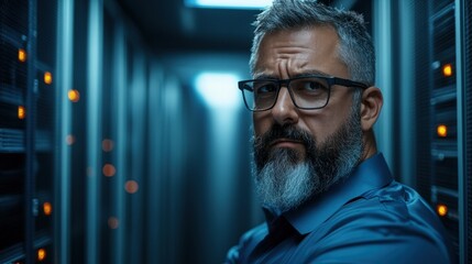 An IT expert inspects server equipment in a dark data center, showing concentration and determination. The environment highlights the importance of technology in today's digital age