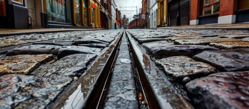 Trolley Tracks Along Side Granite Bricks